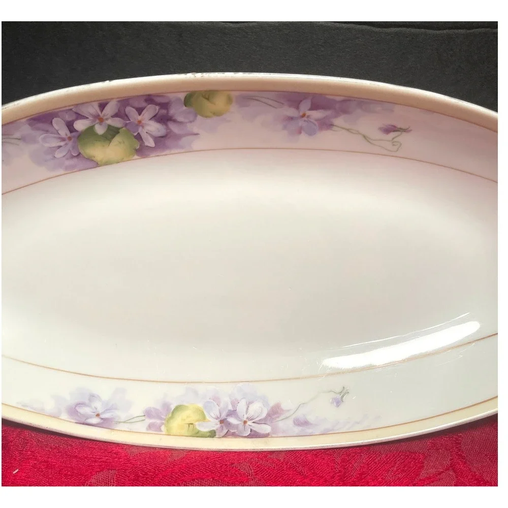 Antique Nippon Porcelain Celery Dish 1930s Purple Floral Oblong Made in Japan